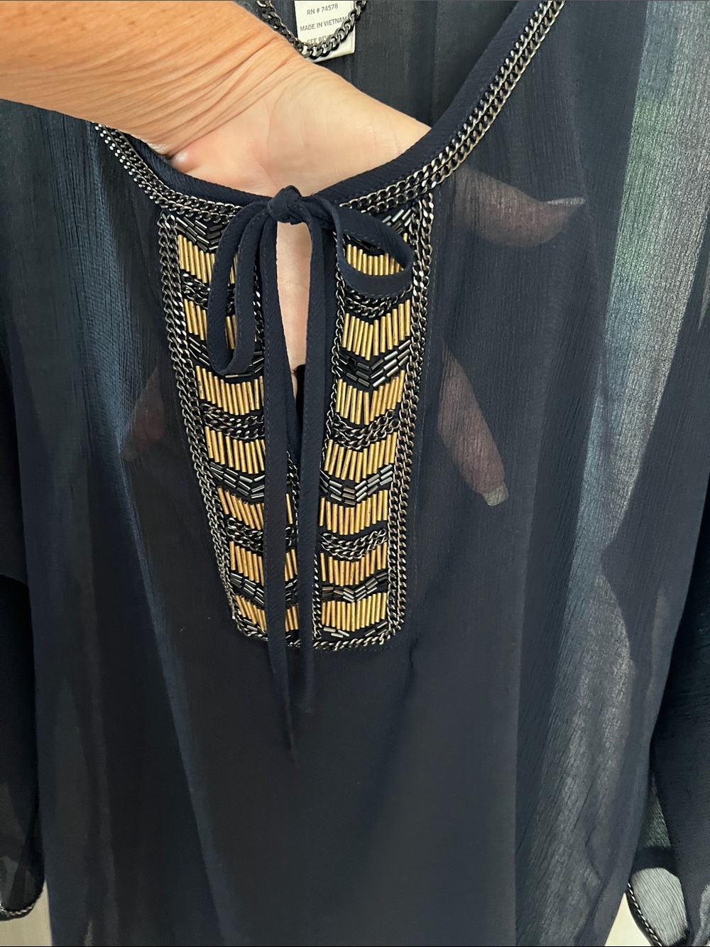 CACHE circa 2008! sheer navy blouse with beading! PERFECT CONDITION XS - Picture 6 of 7